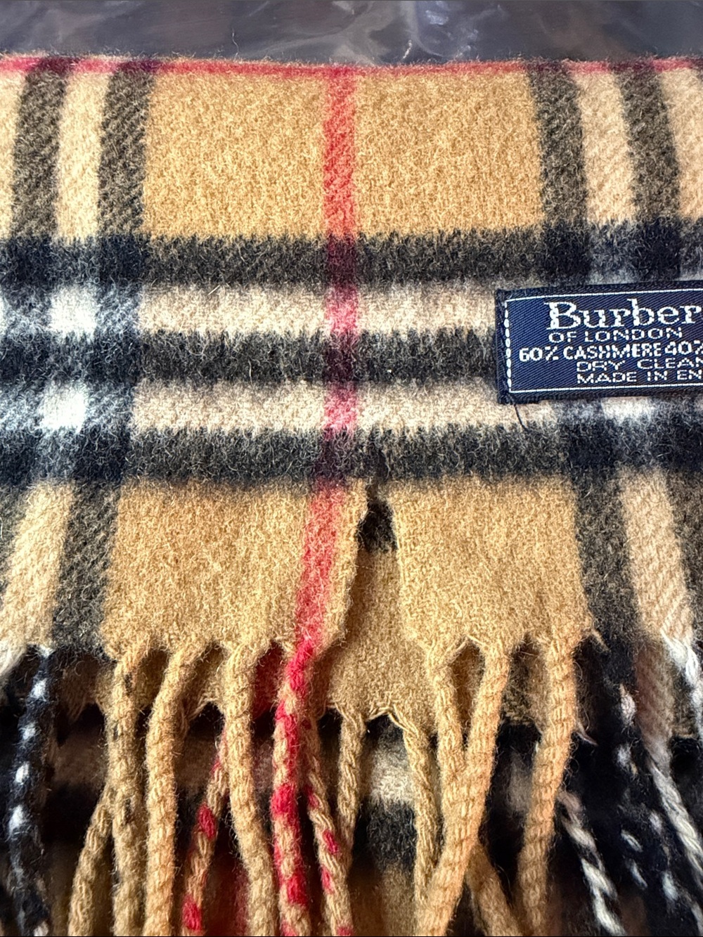 Burberry Beige Plaid Cashmere Scarf with Black White and Red Accents - Picture 5 of 5